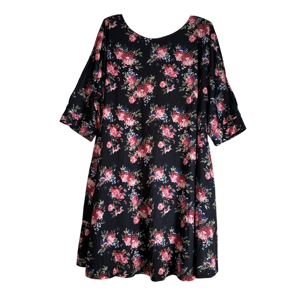 Umgee USA Floral Cold Shoulder Shift Dress Black Pink Rose A3474 Large
